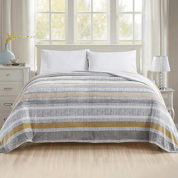 Elegant Comfort Ultra Soft Print Flannel Fleece Bed Blanket, Cozy-Fuzzy Lightweight Bedspread Coverlet, All Season Decorative Blanket for Couch, Sofa, Striped Design, King Size, Brea Stripe