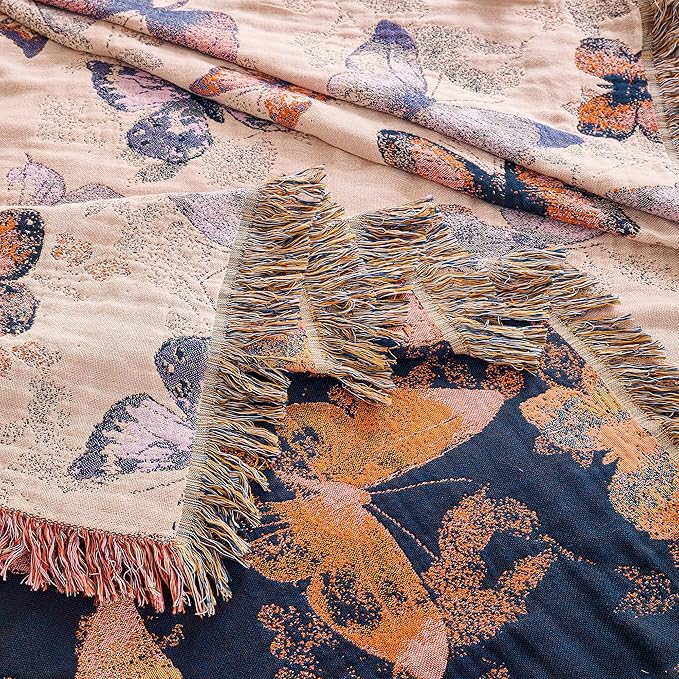 Boho Throw Blanket, 100% Organic Cotton Breathable Ultra Soft 60" x 80" Bed Quilt Throw - All Season Floral Rustic Farmhouse Decor Luxury Reversible Blanket for Sofa Couch Chair and Gift