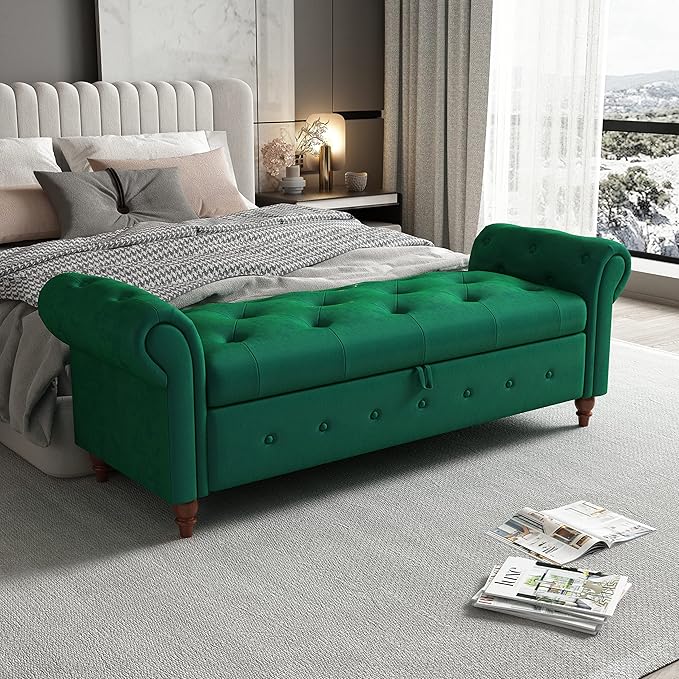 Aoowow Rolled Arm Storage Benches for Bedroom End of Bed Ottoman Bench 63" Long Bench with Storage and Seating for Living Room,Entryway,Window,Button Tufted with Solid Wood Legs (Velvet Green)