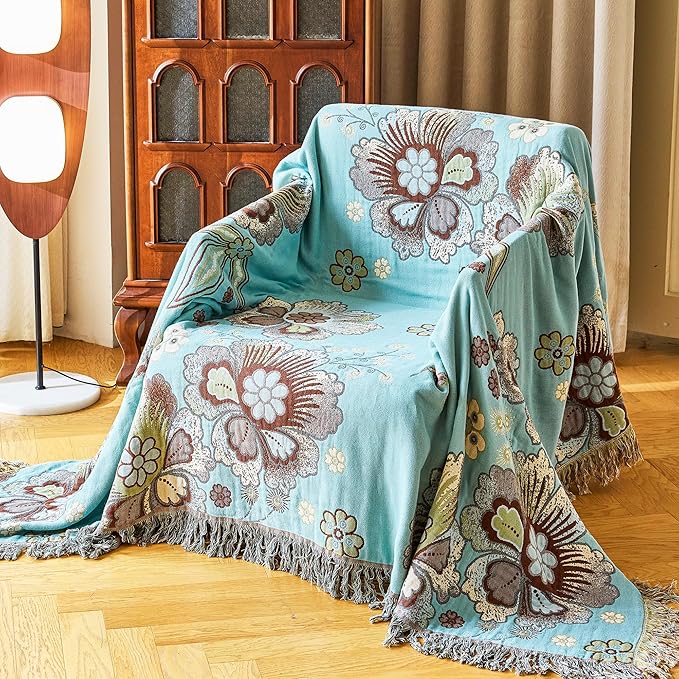 Boho Throw Blanket 60" x 80", 100% Organic Cotton Breathable Skin-Friendly Ultra Soft Bed Quilt Blue Throw - Floral Rustic Decor Luxury Reversible Blanket for Sofa Couch Chair and Gift,