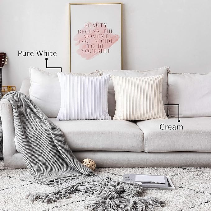 UGASA Pack of 2, Velvet Pillow Covers Striped, Soft Textured Throw Cushion Case Set, Accent Corduroy Lumbar Pillowcases with Hidden Zipper for Home Decor Indoor Outdoor (12"x20", Pure White)