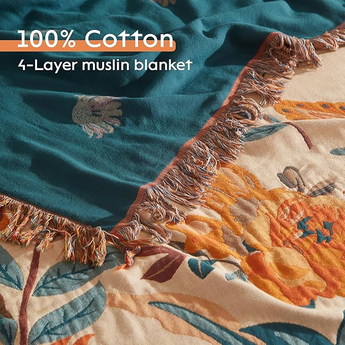 Boho Throw Blanket for Bed 90”x98”, 100% Cotton Woven Blanket for Couch Sofa, Ultra Soft 4-Layer Muslin Quilt with Floral Printed, Farmhouse Bed Blanket/Cover for Living Room Decor