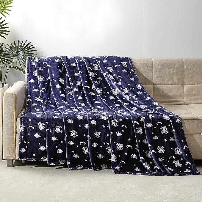 Elegant Comfort Ultra Soft Print Flannel Fleece Bed Blanket, Cozy-Fuzzy Lightweight Bedspread Coverlet, All Season Decorative Blanket for Couch, Sofa, Queen Size, Evil Eye