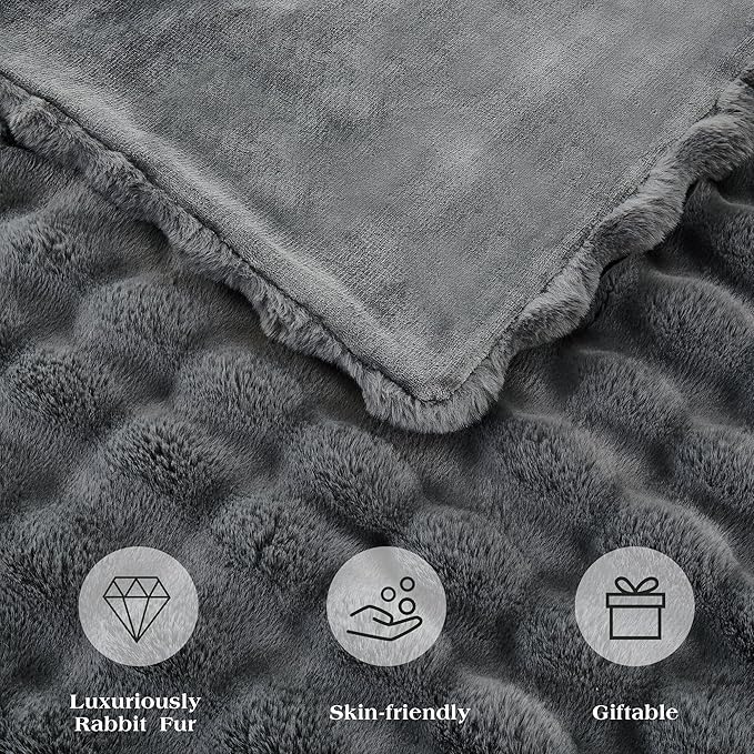 JONIYEAR Large Solid Thick Bubble Faux Rabbit Fur Bed Blanket Queen Size 80" x 90", Decorative Cute Cozy Fluffy Gray Warm Blanket for Winter,Reversible Big Luxe Fuzzy Comfy Shaggy Furry Blankets, Grey