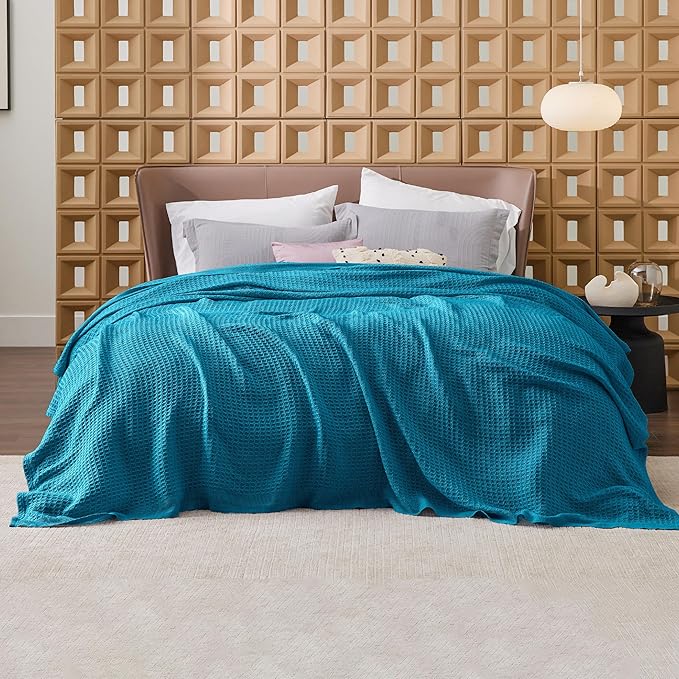 Bedsure Gentlesoft 100% Cotton Blanket King Size for Bed - Breathable and Soft for Spring Summer, Thick Cozy Waffle Weave Blanket Gifts for Women, Teal, 104x90 inches