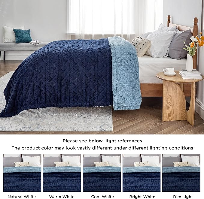 Bedsure Gentlesoft Sherpa Fleece Blanket Twin Size for Bed - Fluffy & Cozy Cable Jacquard Tufted for Women Gift, Thick and Warm Christmas Blanket for Winter, Navy, 60x80 Inches