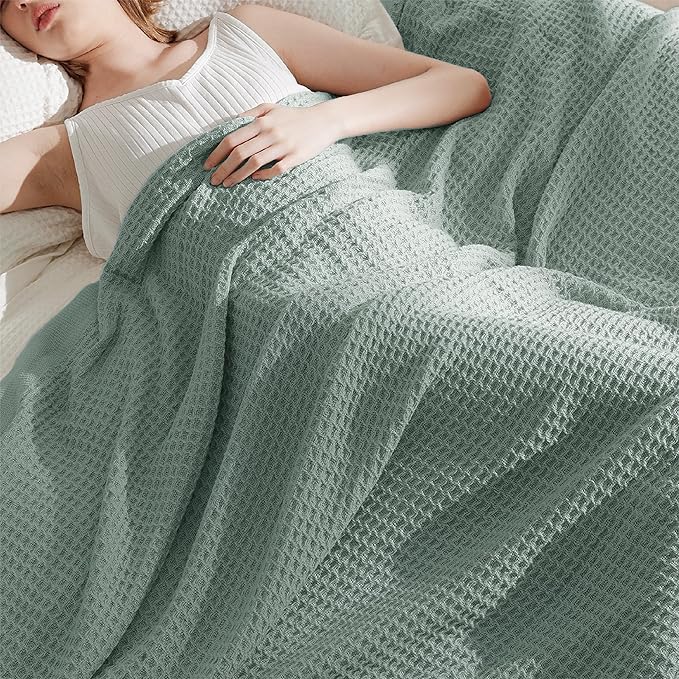 Bedsure Gentlesoft 100% Cotton Blanket King Size for Bed - Cooling Breathable and Soft for Spring Summer, Thick Cozy Waffle Weave Blanket Gifts for Women, Sage Green, 104x90 inches