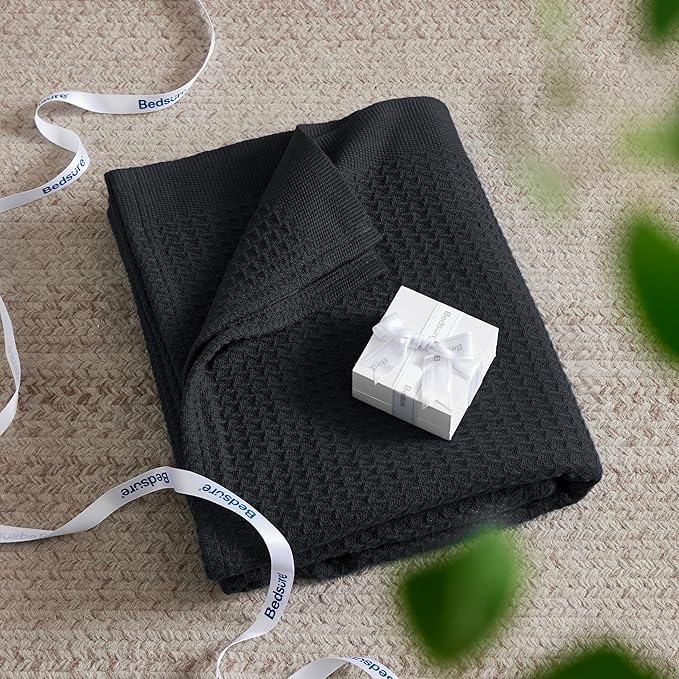 Bedsure Gentlesoft 100% Cotton Blanket Queen Size for Bed - Cooling Breathable and Soft for Spring Summer, Thick Cozy Waffle Weave Blanket Gifts for Women, Black, 90x90 Inches