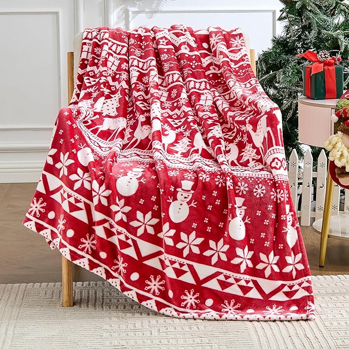 Christmas Blanket Soft Cozy Fleece Throws with Snowman Snowflake Reindeer and Xmas Trees Print, Fuzzy Warm Christmas Throw Blanket for Couch Bed Holiday Decorations Gifts 60"x80" (Red)