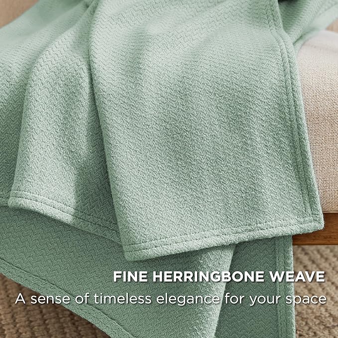 Bedsure GentleSoft 100% Cotton Blanket King Size for Bed - Breathable and Lightweight, Soft Cozy Textured Herringbone Woven Blanket for Summer Spring, Sage Green, 108x90 inches