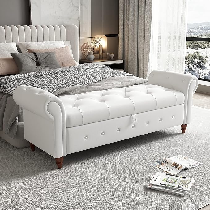 Aoowow Rolled Arm Storage Benches for Bedroom End of Bed Ottoman Bench 63" Long Bench with Storage and Seating for Living Room,Entryway,Window,Button Tufted with Solid Wood Legs (Linen Off White)
