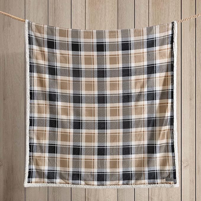 Eddie Bauer - Throw Blanket, Brushed Fleece & Plush Sherpa Bedding, Blanket for Couch & Bed (Rugged Plaid Beige, 50" x 60")
