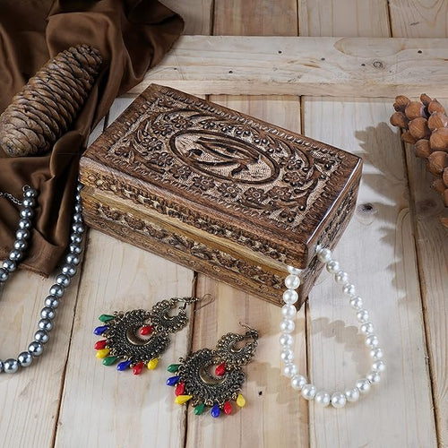 Ajuny Wooden Hand Carved Decorative Jewelry Box Eye of Truth Carvings Vintage Keepsake Storage Organizer Travel Treasure Chest Trinket Holder Case Great Gifts 8x5 Inch