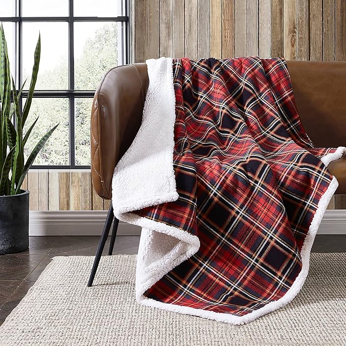 Eddie Bauer - Blanket, Super Soft Reversible Sherpa & Brushed Fleece Bedding, Throw Blankets for Couch, Ideal for Lounging (Mountain Tartan Red)