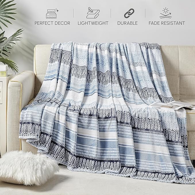 Elegant Comfort Ultra Soft Print Flannel Fleece Bed Blanket, Cozy-Fuzzy Lightweight Bedspread Coverlet, All Season Decorative Blanket for Couch, Sofa, Striped Design,Queen Size, Anissa
