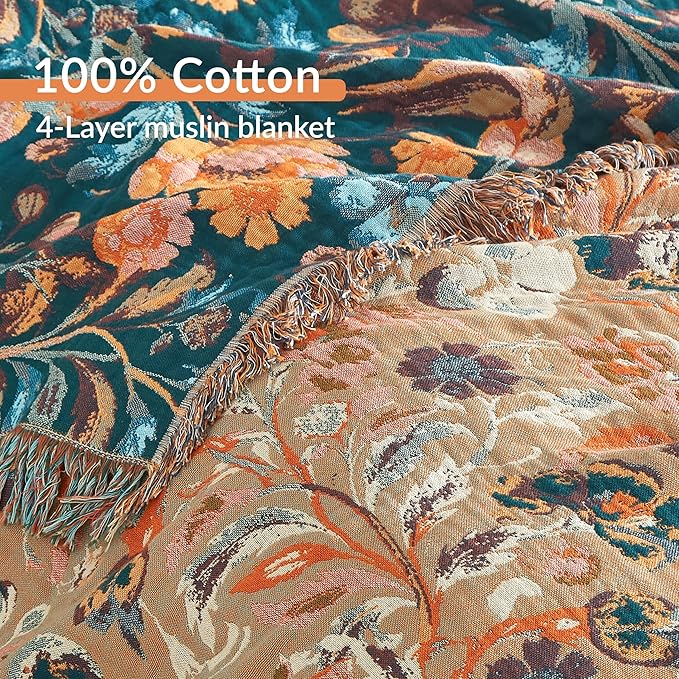 Boho Throw Blanket for Bed 80”x90”, 100% Cotton Woven Blanket for Couch Sofa, Ultra Soft 4-Layer Muslin Quilt with Floral Printed, Farmhouse Bed Blanket/Cover for Living Room Decor