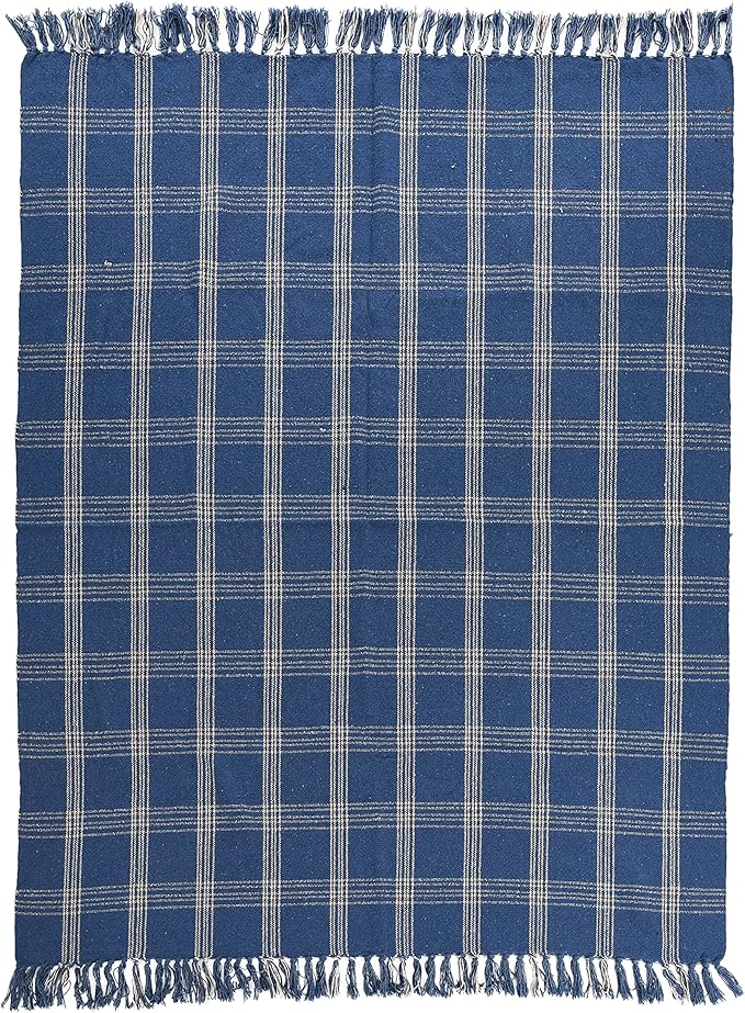 Creative Co-Op Recycled Cotton Blend Throw Blanket with Fringe, Blue Plaid (Pack of 4)