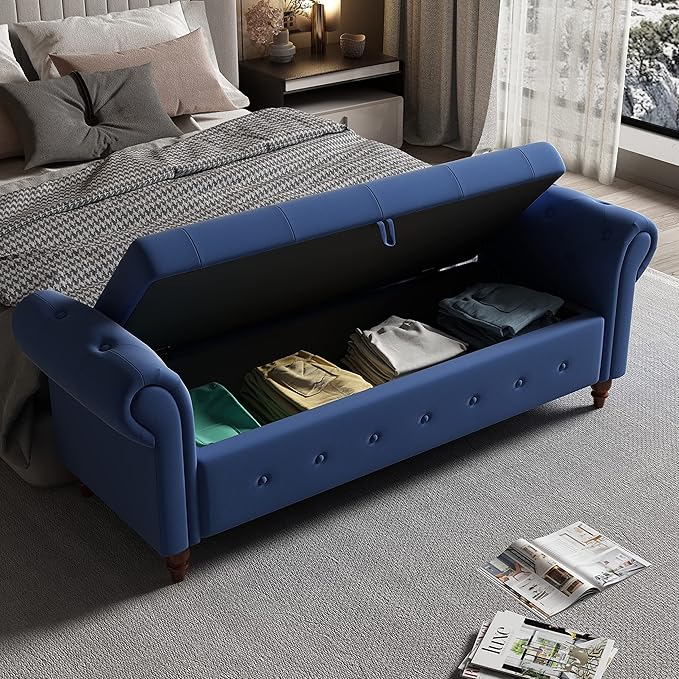 Aoowow Rolled Arm Storage Benches for Bedroom End of Bed Ottoman Bench 63" Long Bench with Storage and Seating for Living Room,Entryway,Window,Button Tufted with Solid Wood Legs (Linen Navy Blue)