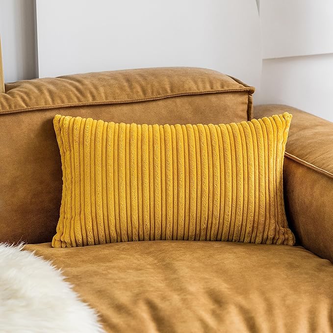 UGASA Velvet Pillow Covers Striped Decorative Throw Pillow Covers Cushion Case with Hidden Zipper for Home Couch/Bedroom, Soft Cozy Solid Square, 1 Piece (12"x20", Primrose Yellow)