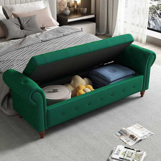 Aoowow Rolled Arm Storage Benches for Bedroom End of Bed Ottoman Bench 63" Long Bench with Storage and Seating for Living Room,Entryway,Window,Button Tufted with Solid Wood Legs (Velvet Green)