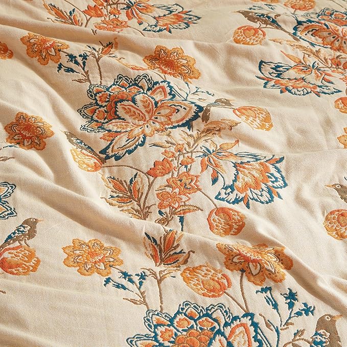 Boho Throw Blanket for Bed 60”x80”, 100% Cotton Woven Blanket for Couch Sofa, Ultra Soft 4-Layer Muslin Quilt with Floral Printed, Farmhouse Bed Blanket/Cover for Living Room Decor