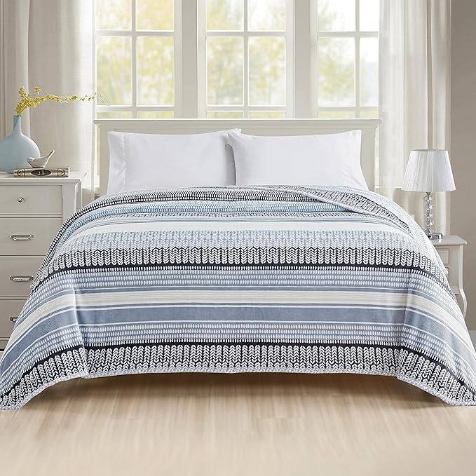 Elegant Comfort Ultra Soft Print Flannel Fleece Bed Blanket, Cozy-Fuzzy Lightweight Bedspread Coverlet, All Season Decorative Blanket for Couch, Sofa, Striped Design,Queen Size, Anissa