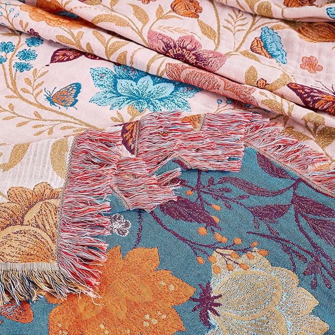 Boho Throw Blanket, 100% Organic Cotton Breathable Ultra Soft 60" x 80" Bed Quilt Throw - All Season Floral Rustic Farmhouse Decor Luxury Reversible Blanket for Sofa Couch Chair and Gift