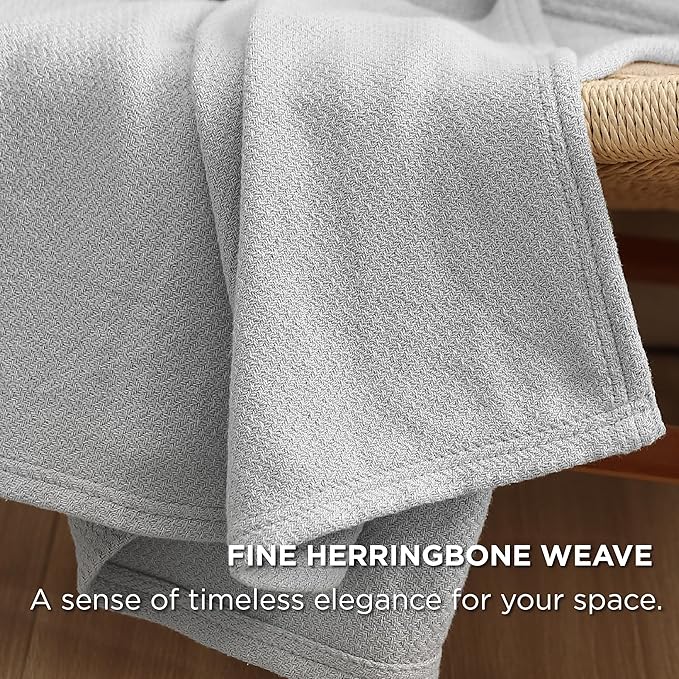 Bedsure GentleSoft 100% Cotton Blanket Twin XL Size for Bed - Breathable and Lightweight, Soft Cozy Textured Herringbone Woven Summer Blanket for College Dorm, Cool Grey, 66x90 inches