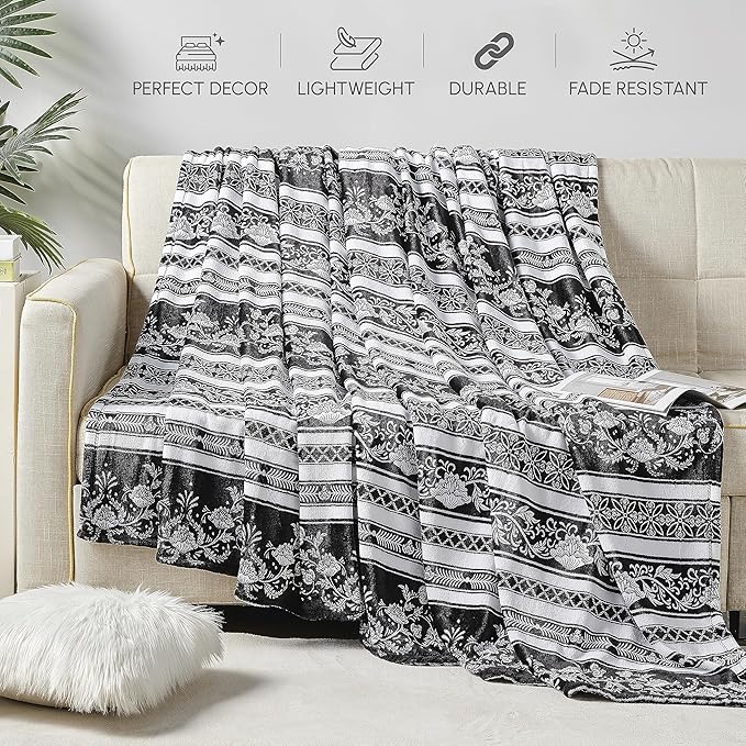Elegant Comfort Ultra Soft Print Flannel Fleece Bed Blanket, Cozy-Fuzzy Lightweight Bedspread Coverlet, All Season Decorative Blanket for Couch, Sofa, Striped Design, Queen Size, Odelia
