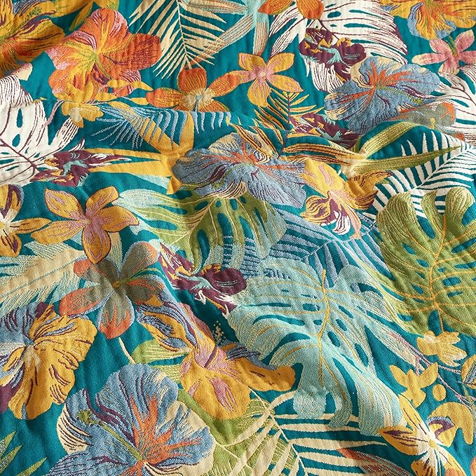 Boho Throw Blanket for Bed 80”x90”, 100% Cotton Woven Blanket for Couch Sofa, Ultra Soft 4-Layer Muslin Quilt with Floral Printed, Farmhouse Bed Blanket/Cover for Living Room Decor